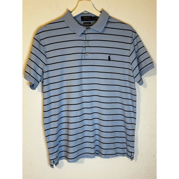 Polo Ralph‎ Lauren Men’s Polo Top Size Large Light Blue Navy Striped Slim Fit - Picture 1 of 8